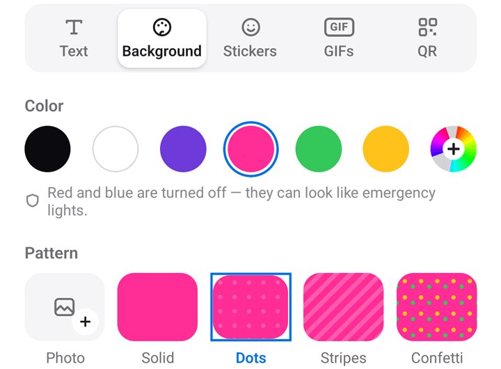 The sign builder’s Background tab: color choices, Red and blue are turned off, they can look like emergency lights, and the patterns Photo, Solid, Dots, Stripes and Confetti