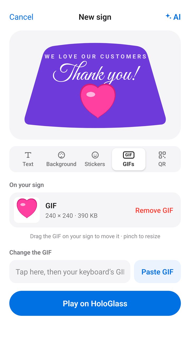 The sign builder’s GIFs tab: a Thank you sign with a heart GIF, and Paste GIF to change it