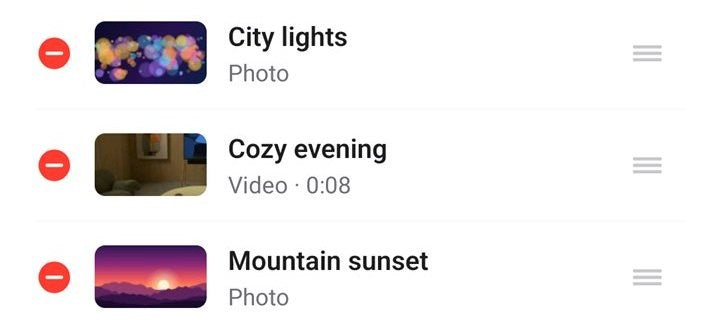 Part of a playlist in the Pranos app: City lights, a photo; Cozy evening, a video; and Mountain sunset, a photo
