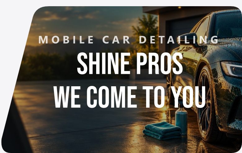 A sign Pranos AI designed: MOBILE CAR DETAILING, Shine Pros, we come to you, over a freshly washed car at sunset, inside a rear side window outline