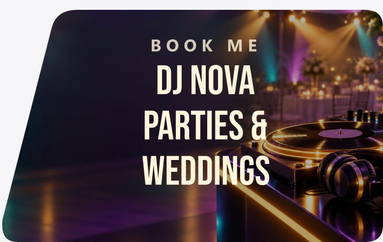 A sign Pranos AI designed: BOOK ME, DJ Nova, parties and weddings, over a lit dance floor and a turntable