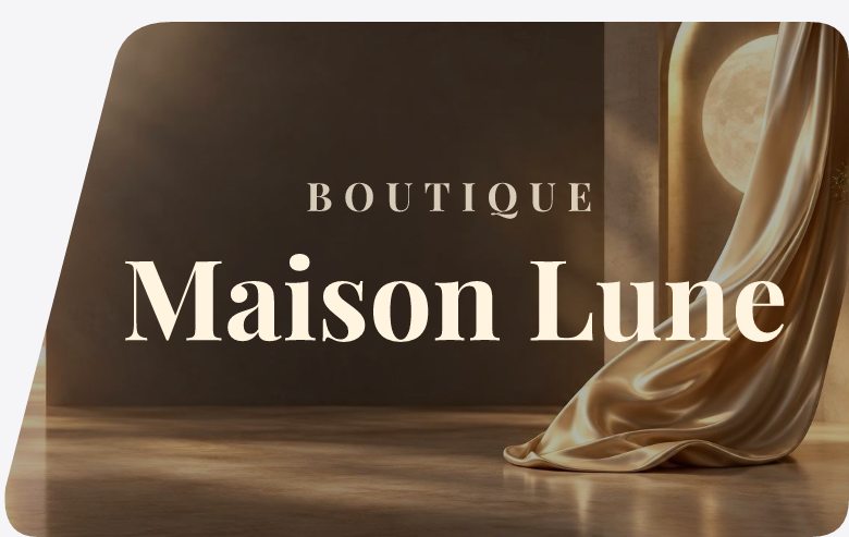 Example sign: BOUTIQUE, Maison Lune, in an elegant serif over gold silk and a moon, with a QR code in the bottom left corner