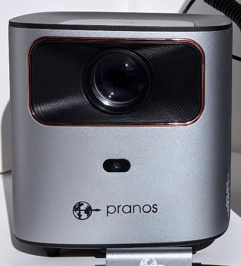 The HoloGlass unit on white: a brushed-silver body with a dark front window and the pranos logo