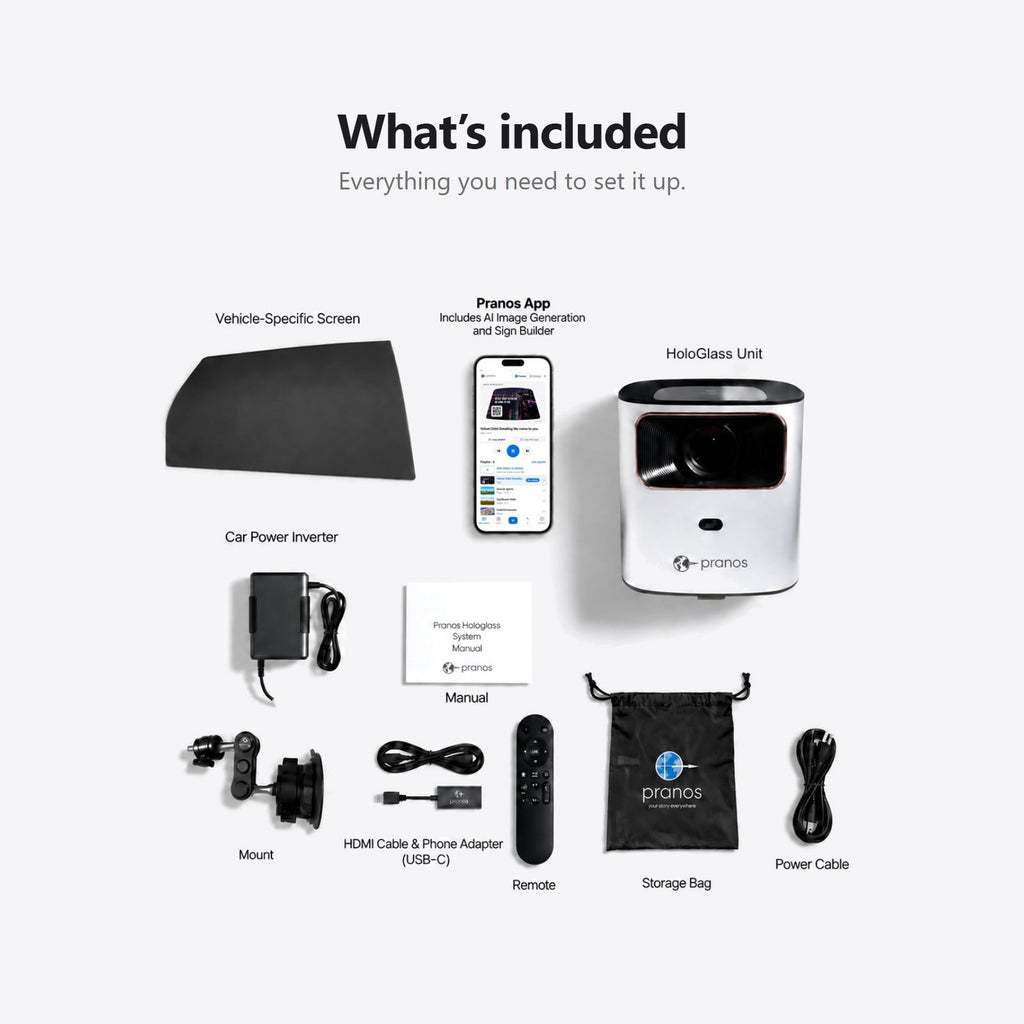 What's included with HoloGlass: a screen made for your car's window, the HoloGlass unit, mount, remote, power inverter, HDMI phone adapter, manual and storage bag