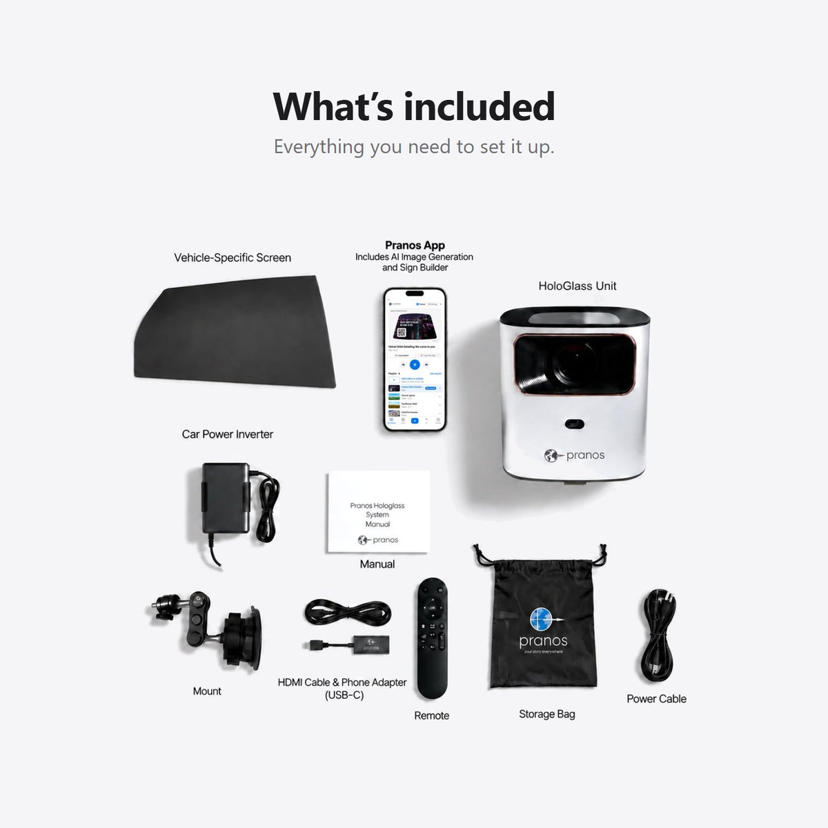What's included with HoloGlass: a screen made for your car's window, the HoloGlass unit, mount, remote, power inverter, HDMI phone adapter, manual and storage bag