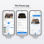 The Pranos app on three phones: play your videos and photos, build your own sign, and ask Pranos AI to design it