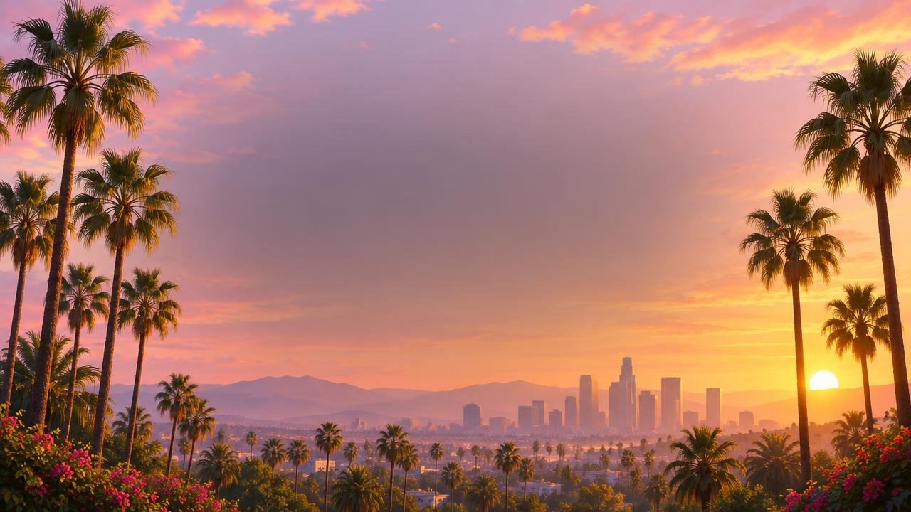 A sunset over palm trees and a city skyline, painted by Pranos AI