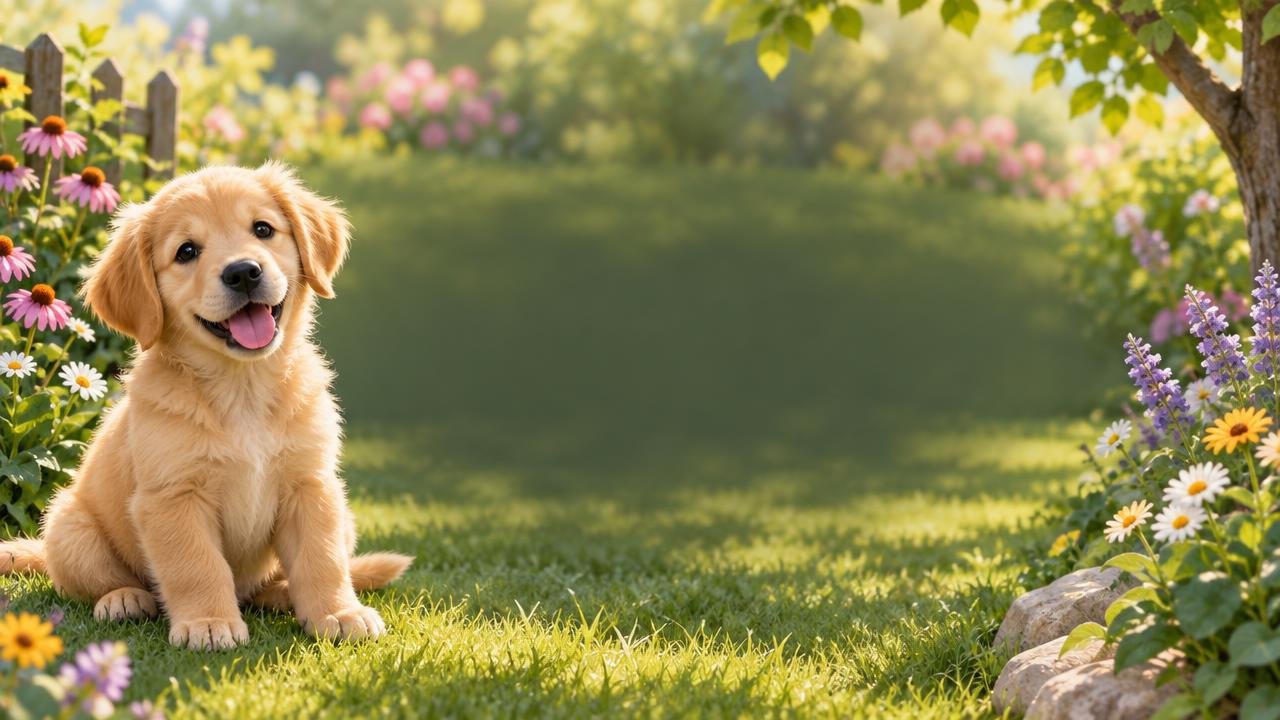 A smiling golden puppy in a sunny garden, painted by Pranos AI