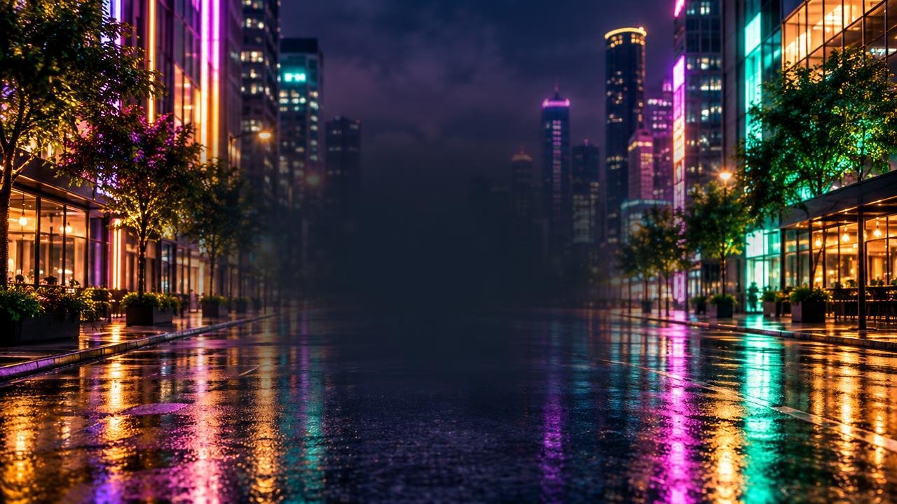A rainy city street at night, lit by neon signs, painted by Pranos AI
