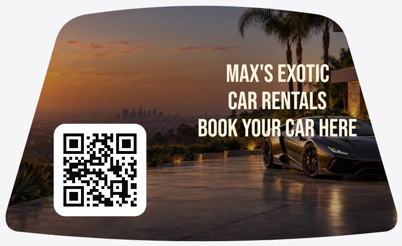 A sign Pranos AI designed on Premium: MAX’S EXOTIC CAR RENTALS, BOOK YOUR CAR HERE, over a supercar by a modern mansion in the LA hills at golden hour, with a QR code in the bottom left corner, in the back windshield shape