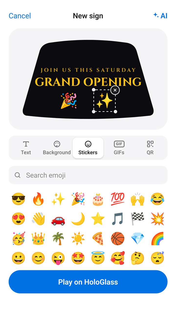 The Stickers tab: emoji stickers on a sign
