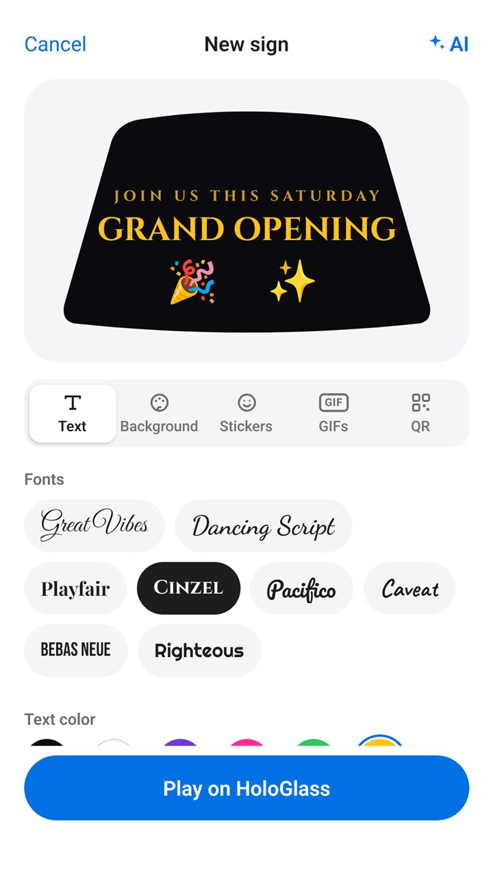 The Pranos app’s Text tab: a GRAND OPENING sign and fonts