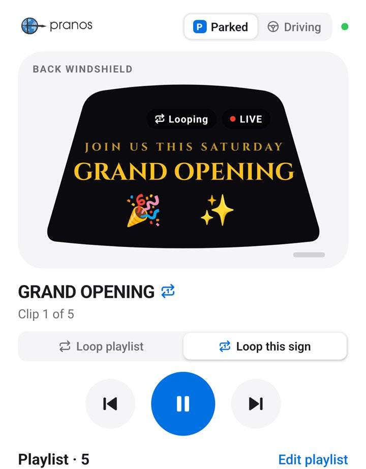 The Pranos app’s Now playing screen, set to Parked: the sign that’s playing, in the window’s shape, and the play controls