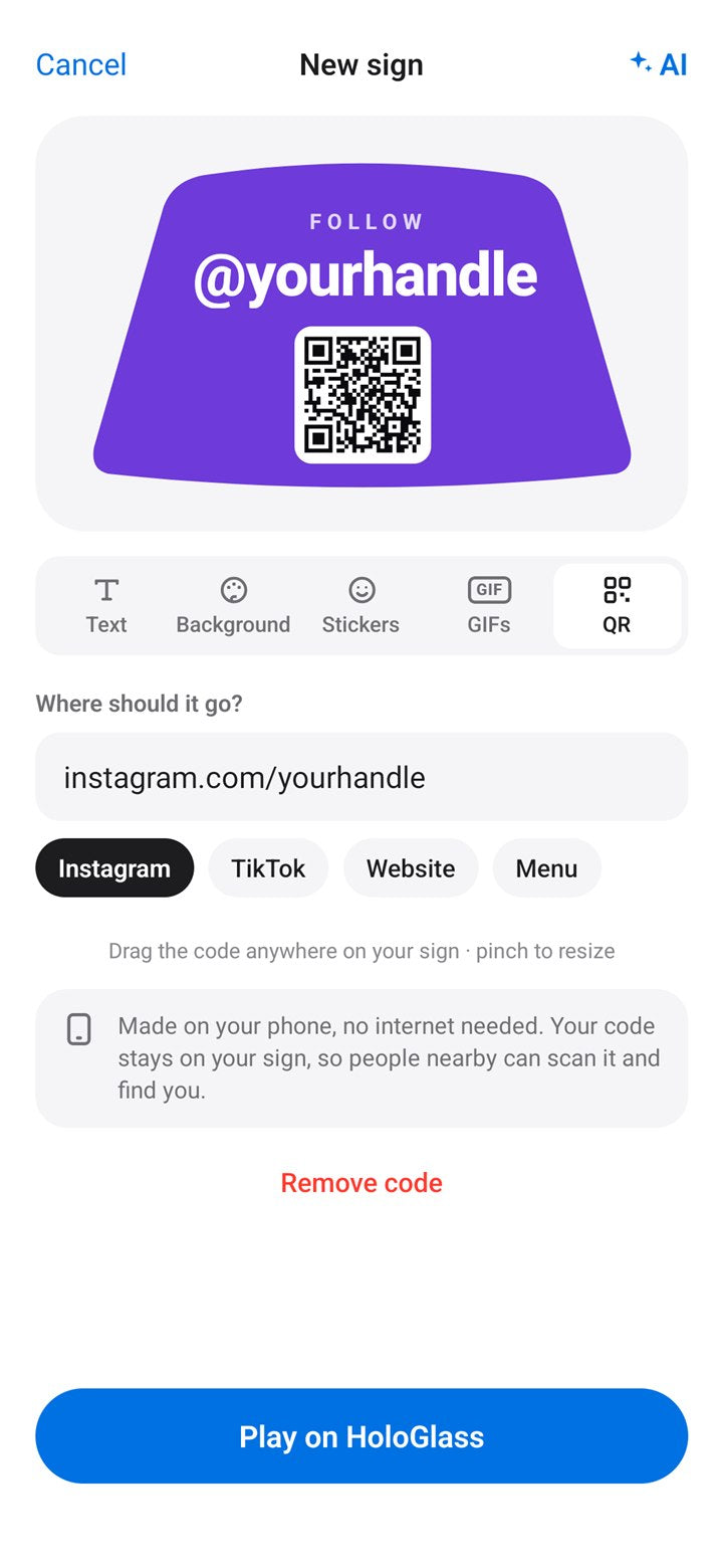 The sign builder’s QR tab: a FOLLOW @yourhandle sign with its QR code inside the back windshield shape, the link instagram.com/yourhandle, and Instagram, TikTok, Website and Menu