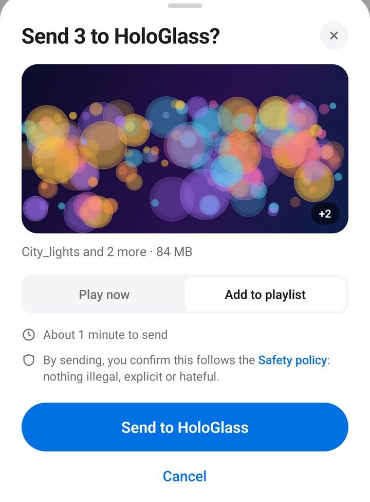 The Send 3 to HoloGlass sheet in the Pranos app: three photos, Play now or Add to playlist, About 1 minute to send, and Send to HoloGlass