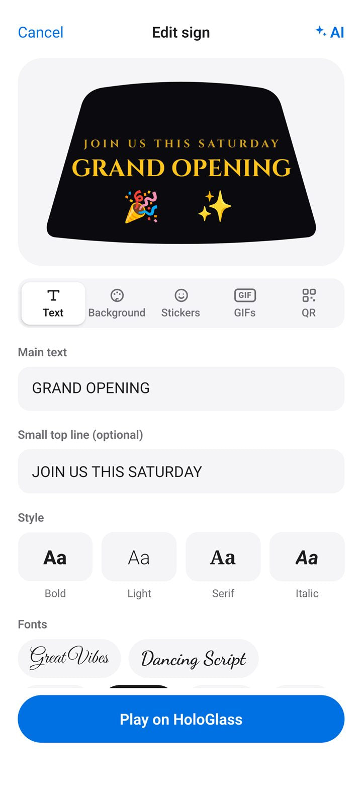 The Pranos app’s sign builder: a GRAND OPENING sign in gold on black inside the back windshield shape, with the Text, Background, Stickers, GIFs and QR tabs, and Play on HoloGlass