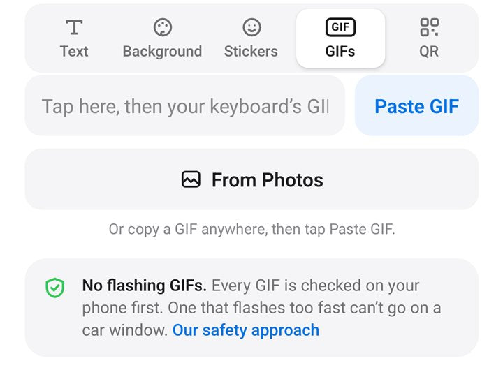 The Pranos app’s GIFs tab: Paste GIF, From Photos, and the note: No flashing GIFs. Every GIF is checked on your phone first. One that flashes too fast can’t go on a car window.