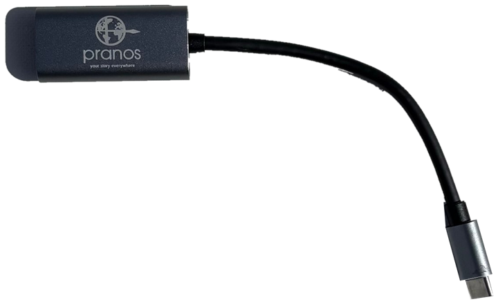The PRANOS USB-C to HDMI phone adapter, with the PRANOS logo