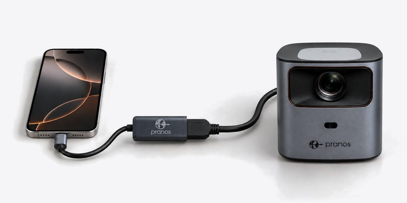 A phone connected with the PRANOS USB-C to HDMI adapter and the HDMI cable to the HoloGlass unit