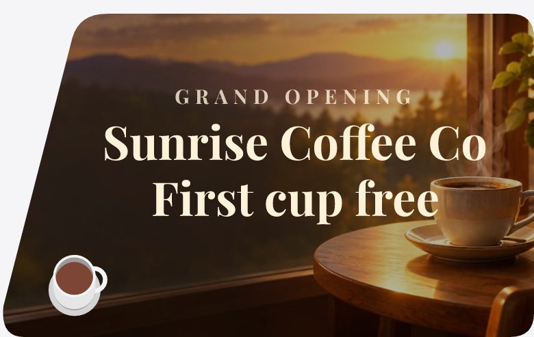 A sign Pranos AI designed, filling the whole window: GRAND OPENING, Sunrise Coffee Co, First cup free, over a sunrise and a cup of coffee