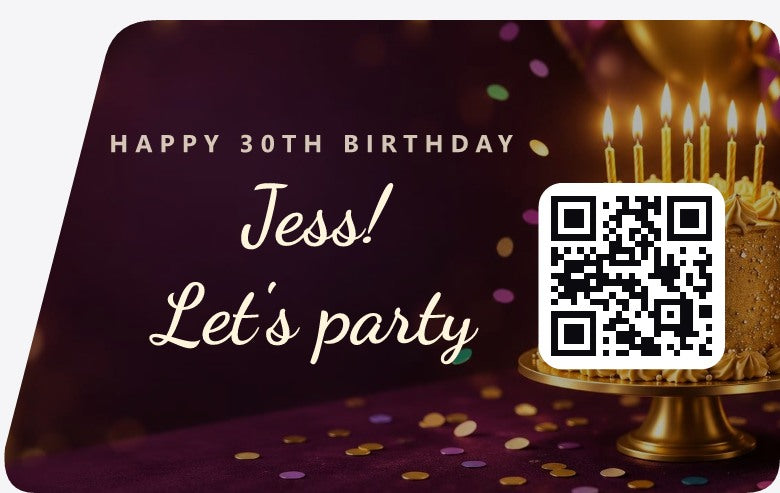 Example sign: the same birthday sign, with the words moved left and a QR code on the right