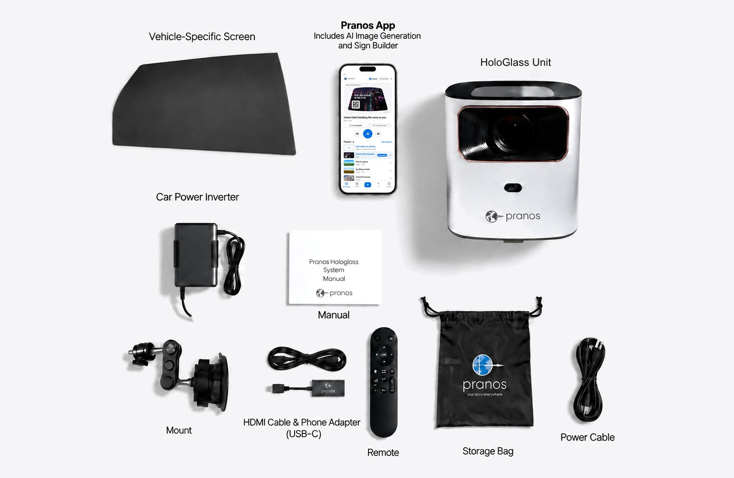 Everything in the HoloGlass kit: the screen made for your car’s window, the Pranos app with AI image generation and the sign builder, the HoloGlass unit, the car power inverter, the manual, the suction-cup mount, the HDMI cable and USB-C phone adapter, the remote, the storage bag and the power cable